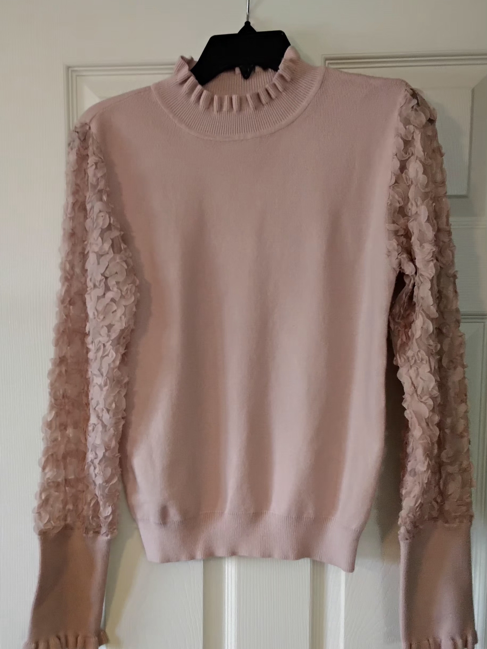VENUS Ruffle-Sleeve Mock-Neck Sweater With Sheer Floral Sleeves, Pink, Medium